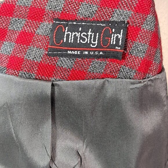 Christy Girl 2 Piece Skirt Suit Red/Gray Check 90's Shoulder Pads Pencil Skirt - Picture 12 of 15
